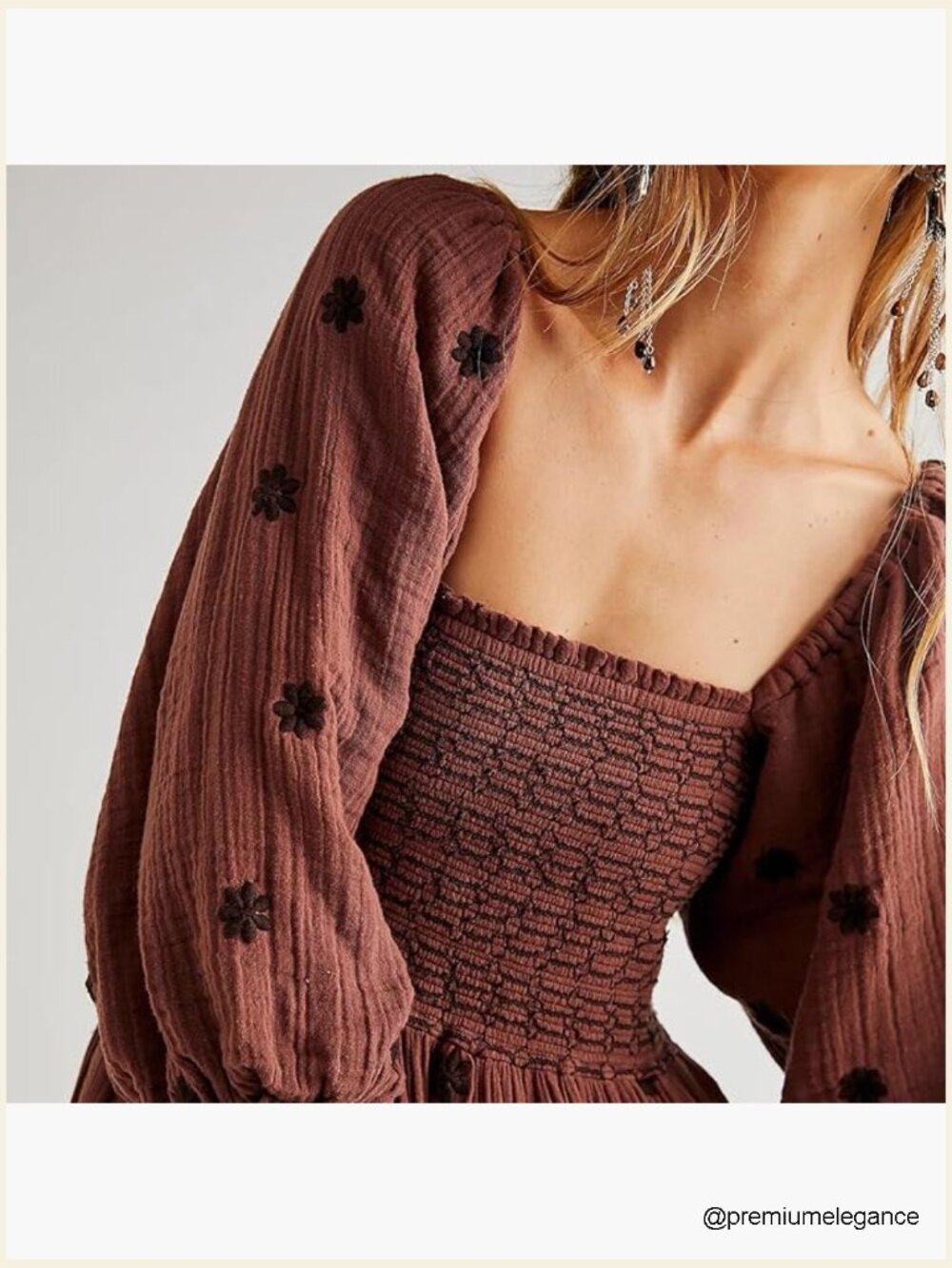 Floral Embroidered Maxi Dress Long Puff Sleeve Square Neck Boho with Pockets - Picture 2 of 4